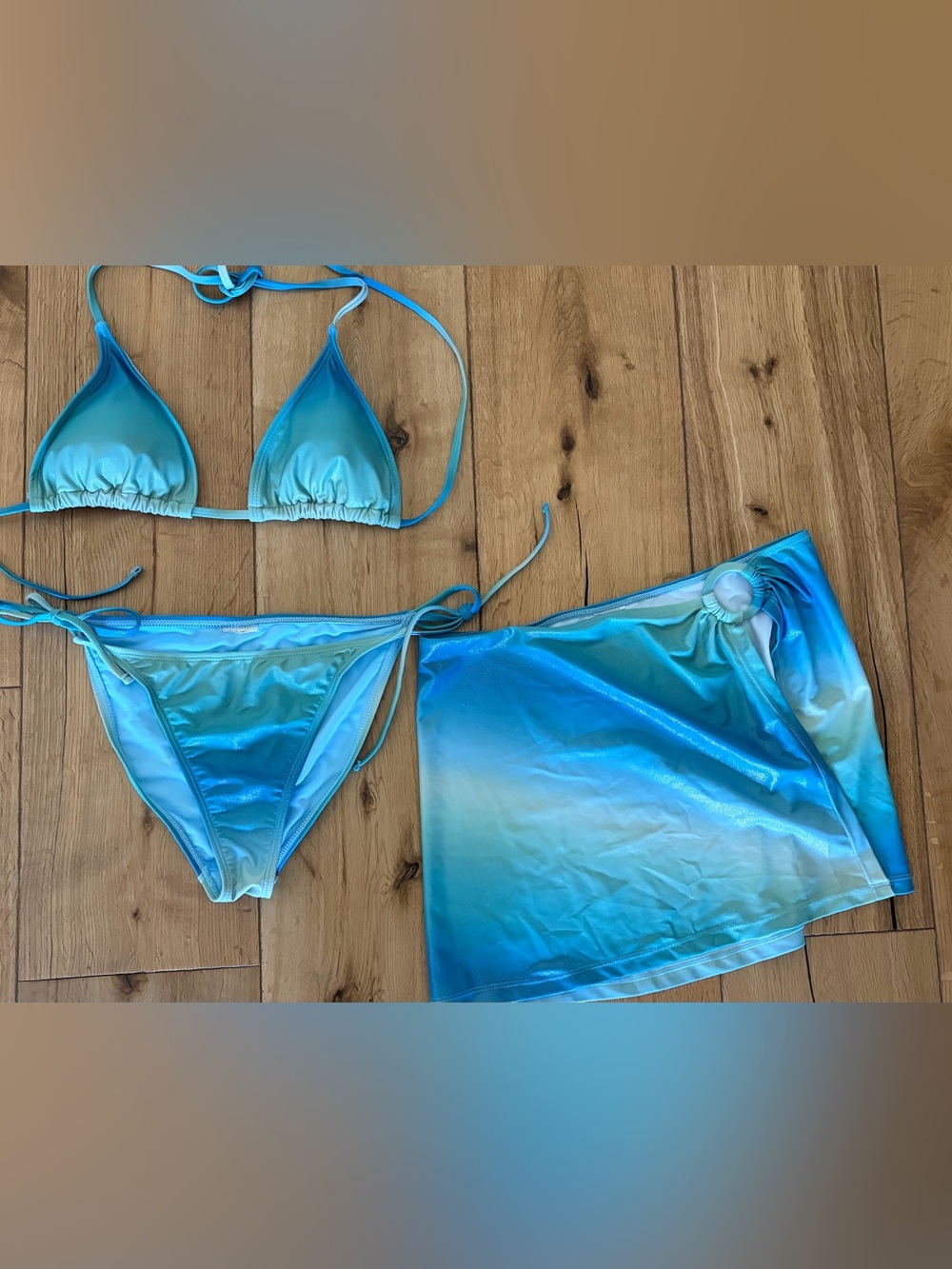 Blue Ombre Womens' 3-Piece Swim Set - Triangle Top, Tie Bottom & Skirt - size S/
